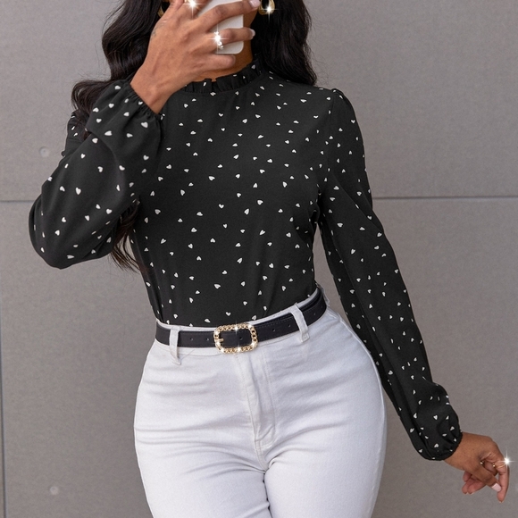 Confetti Heart Print Bishop Sleeve Frilled Neck Blouse - Picture 3 of 4